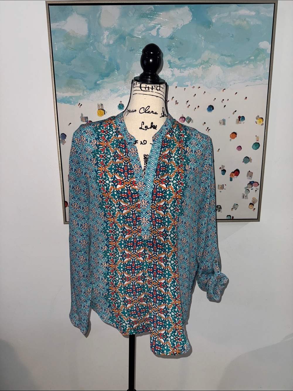 Nicky Hilton x Tolani  V-Neck Button Top in Teal & wMulticolor
